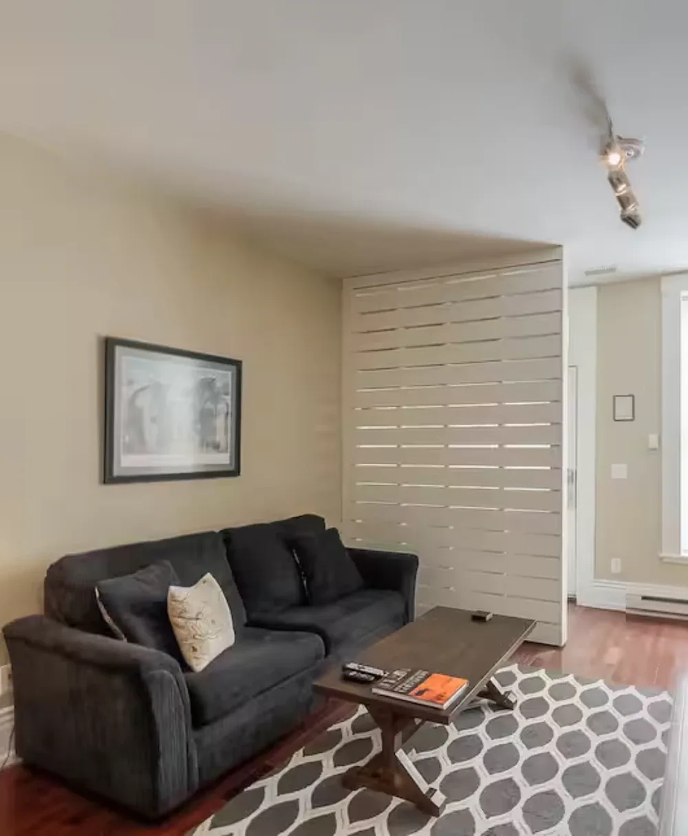 Modern living room with dark gray sofa, geometric rug, and contemporary coffee table.